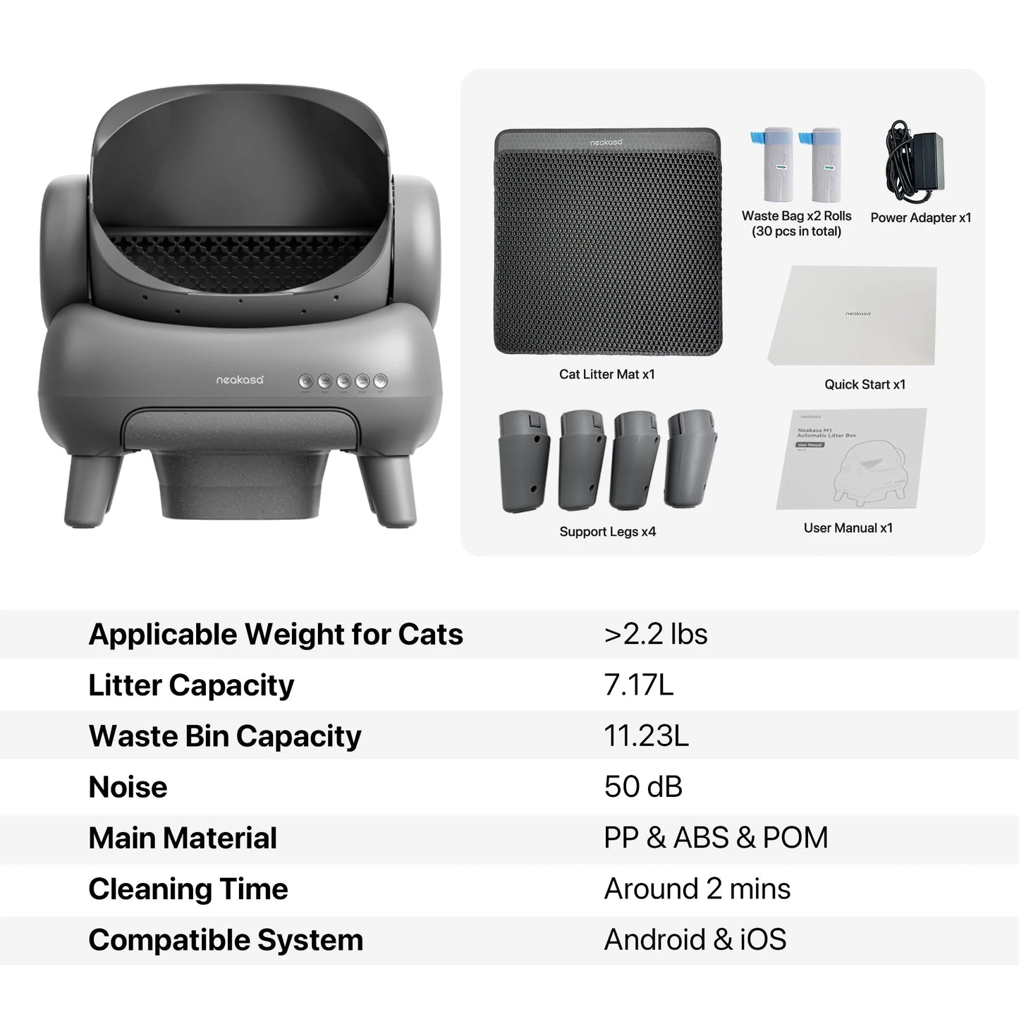 M1 Self-Cleaning Automatic Cat Litter Box with Sensor, 7.17L, Odor-Free Waste Disposal, Includes Trash Bags