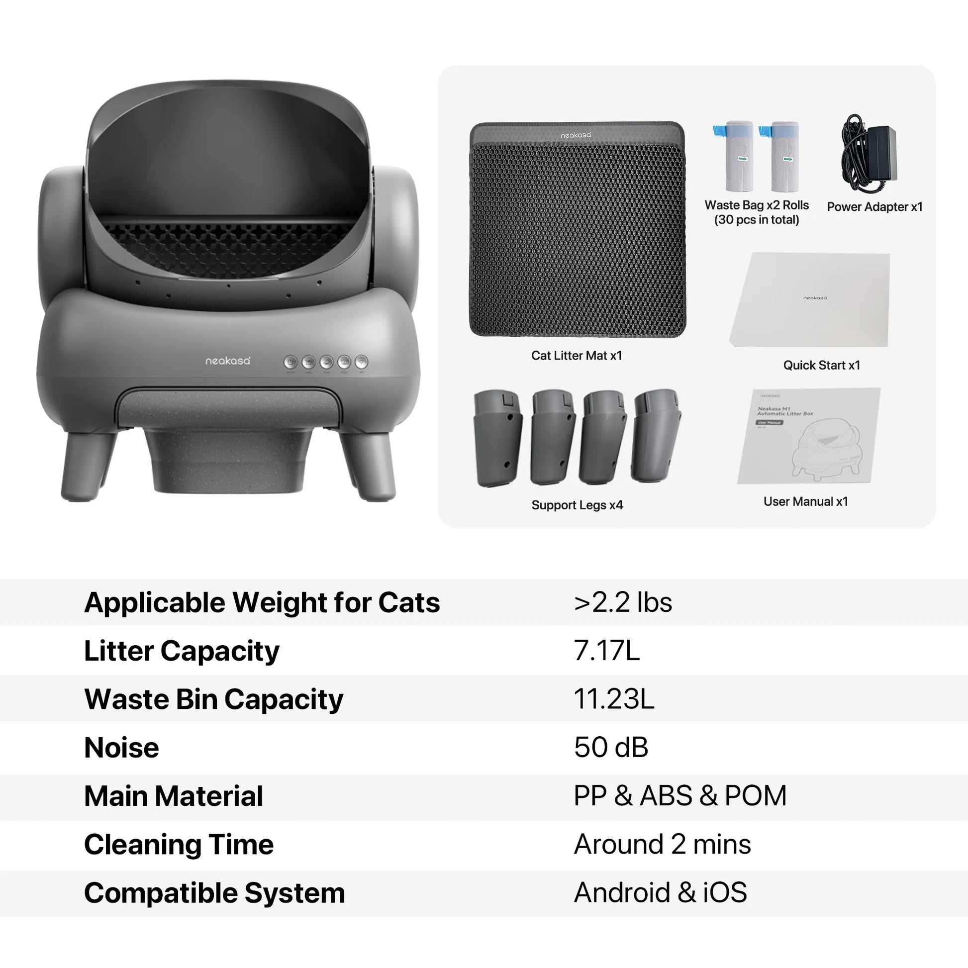 M1 Self-Cleaning Automatic Cat Litter Box with Sensor, 7.17L, Odor-Free Waste Disposal, Includes Trash Bags